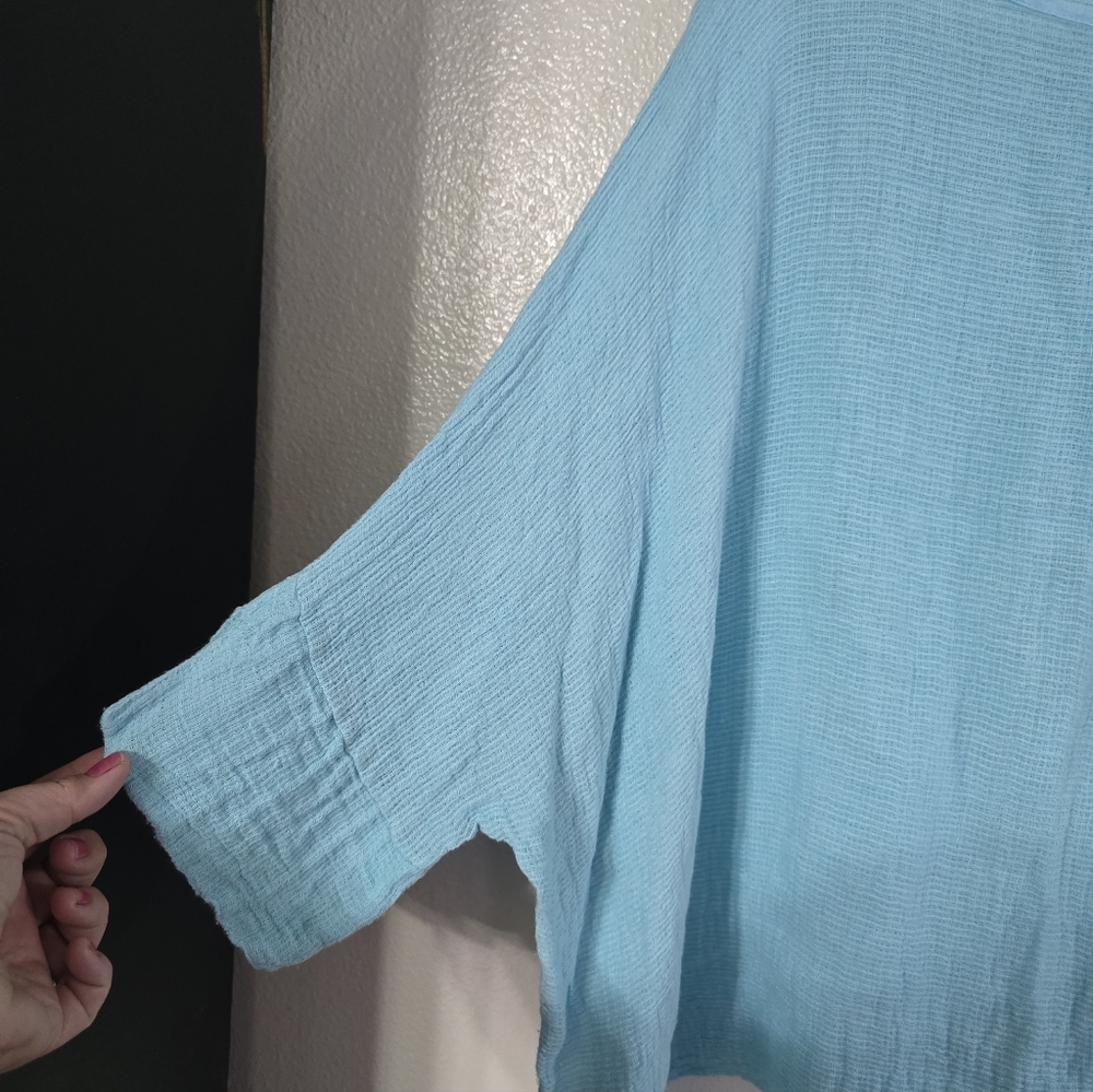 Sofia Made In Italy Linen Top L Oversized Boxy Textured Lagenlook Aqua Blue - Picture 3 of 6